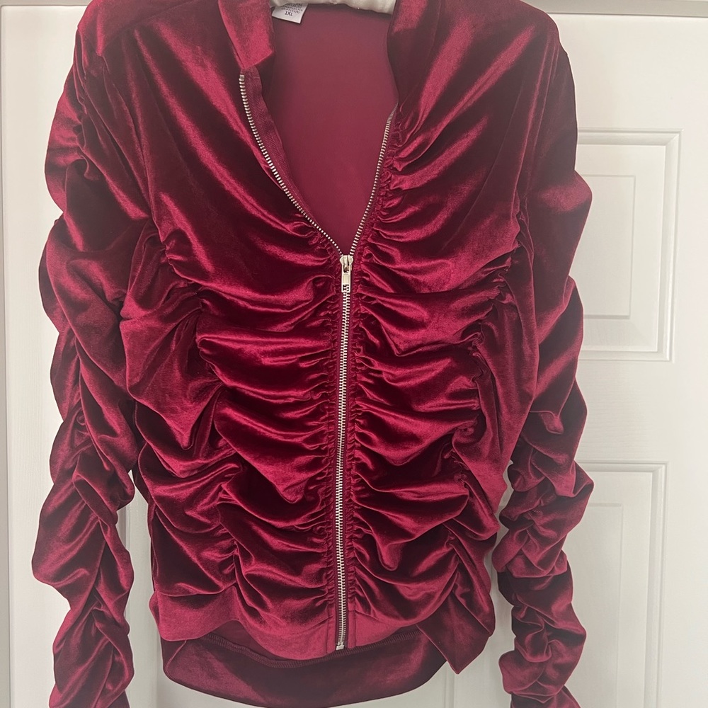K+ Glam New Maroon Velour JacketTop and long luxurious Pant Size 1XL Gorgeous!